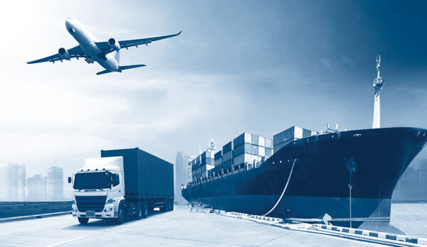 Abstract image of the world logistics, there are  container truck, ship in port and airplane